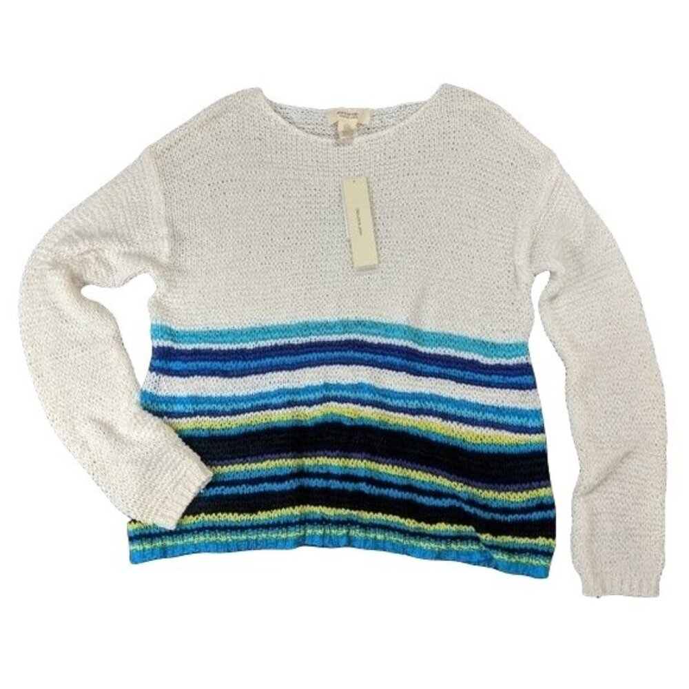 Workshop Sweater Womens XL White Blue Lightweight Pull Over Beachy Coastal